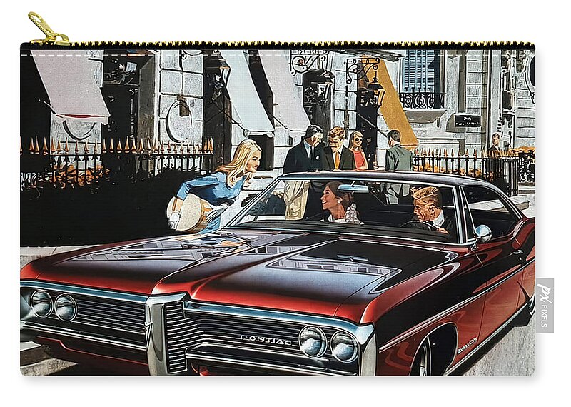 Vintage Zip Pouch featuring the mixed media 1967 Pontiac Wide Track Bonneville Advertisement With Fashion Models by Retrographs