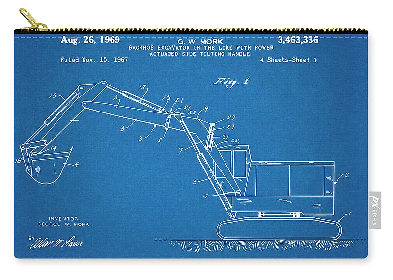 Backhoe Excavator Zip Pouch featuring the drawing 1969 Backhoe Excavator Patent Print Blueprint by Greg Edwards