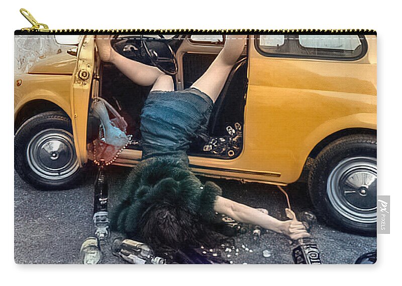 Vintage Zip Pouch featuring the photograph 1990s Drunk Woman Falling Out Of Car by Retrographs