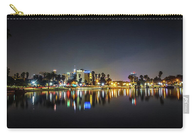 Downtown Zip Pouch featuring the photograph Downtown Los Angeles Skyline At Night #2 by Alex Grichenko