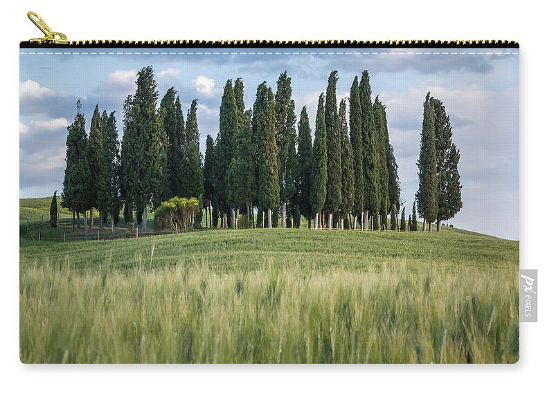 Agriculture Zip Pouch featuring the photograph Group of cypress trees at dusk In Tuscan landscape #2 by Tosca Weijers