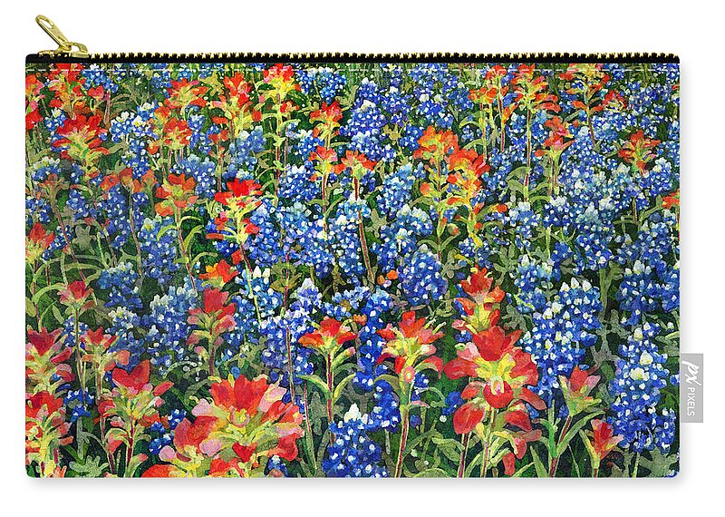 Wild Flower Zip Pouch featuring the painting Spring Bliss -Bluebonnet and Indian Paintbrush by Hailey E Herrera