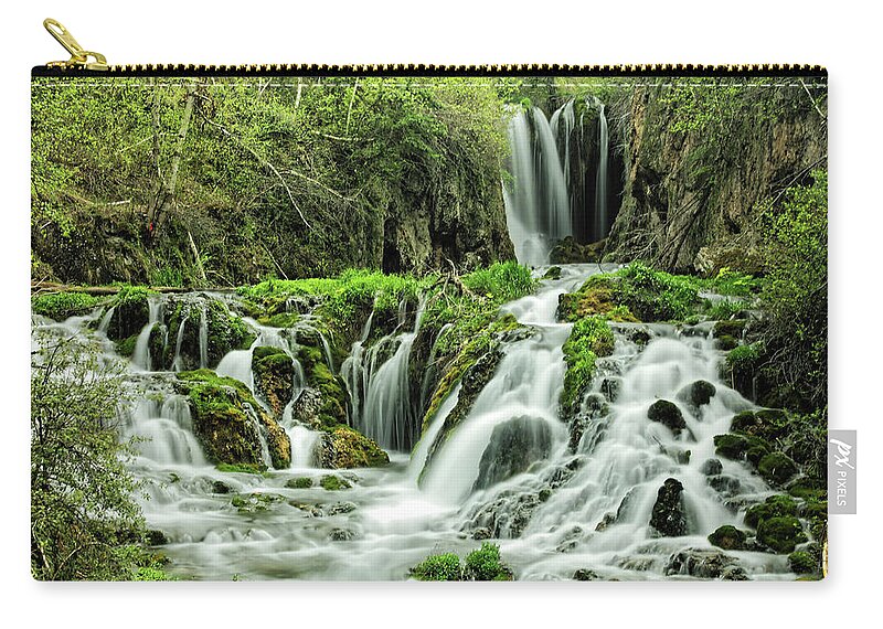 2 Tier Waterfall Zip Pouch featuring the photograph Roughlock Falls in the Spearfish Canyon Nature Area, South Dakota by Doolittle Photography and Art