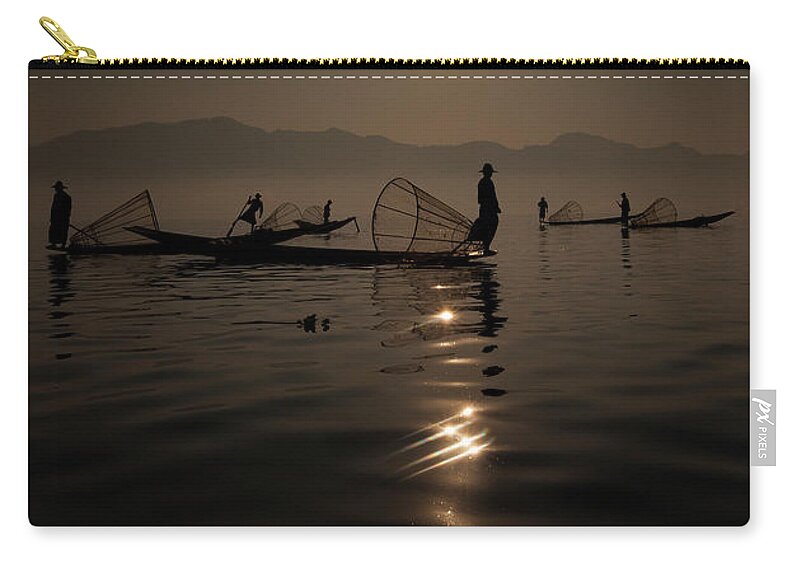 Tranquility Zip Pouch featuring the photograph Fishermen On Inle Lake, Myanmar #3 by Mint Images - Art Wolfe