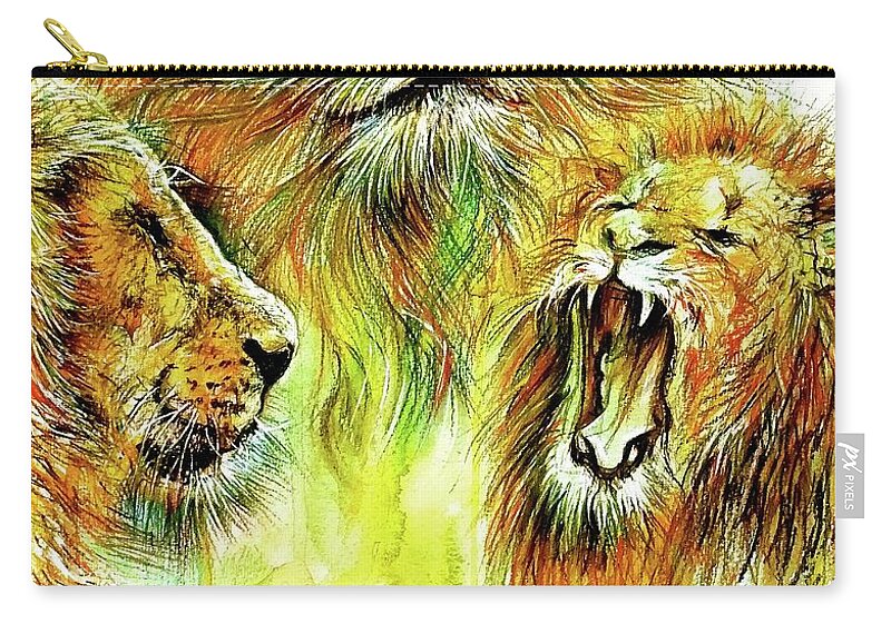 Lions Zip Pouch featuring the painting 3lions by Kevin Derek Moore