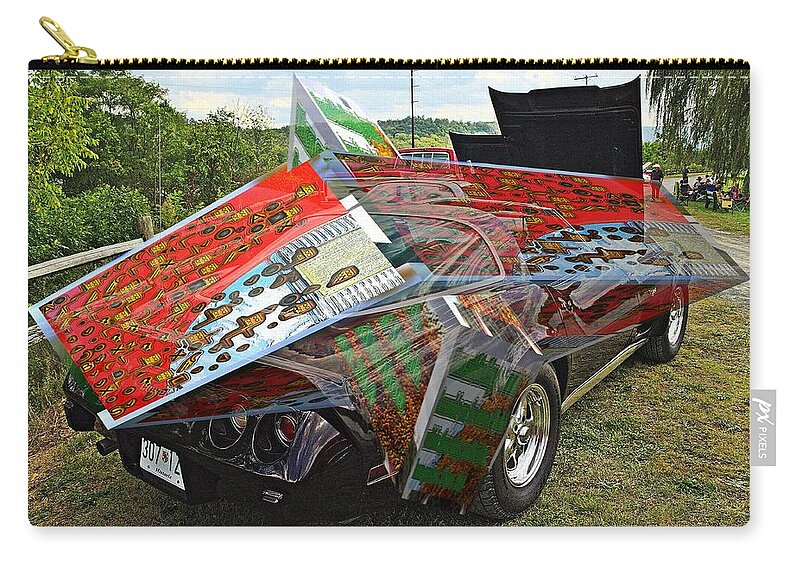Cars Zip Pouch featuring the digital art Old car with 3D text boxes #4 by Karl Rose