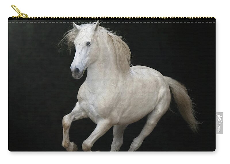 Horse Zip Pouch featuring the photograph White Horse Galloping #5 by Christiana Stawski