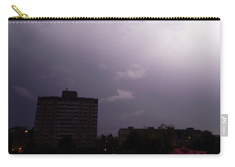 Storm Zip Pouch featuring the photograph Lightning and thunder at night in the city it's raining #8 by Oleg Prokopenko