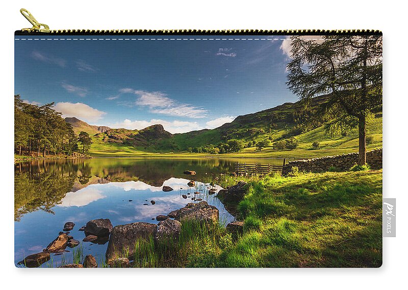 Estock Zip Pouch featuring the digital art United Kingdom, England, Cumbria, Great Britain, Lake District, British Isles, Blea Tarn, Blea Tarn With The Lake District Peaks In The Background On A Sunny Summer Afternoon #9 by Maurizio Rellini