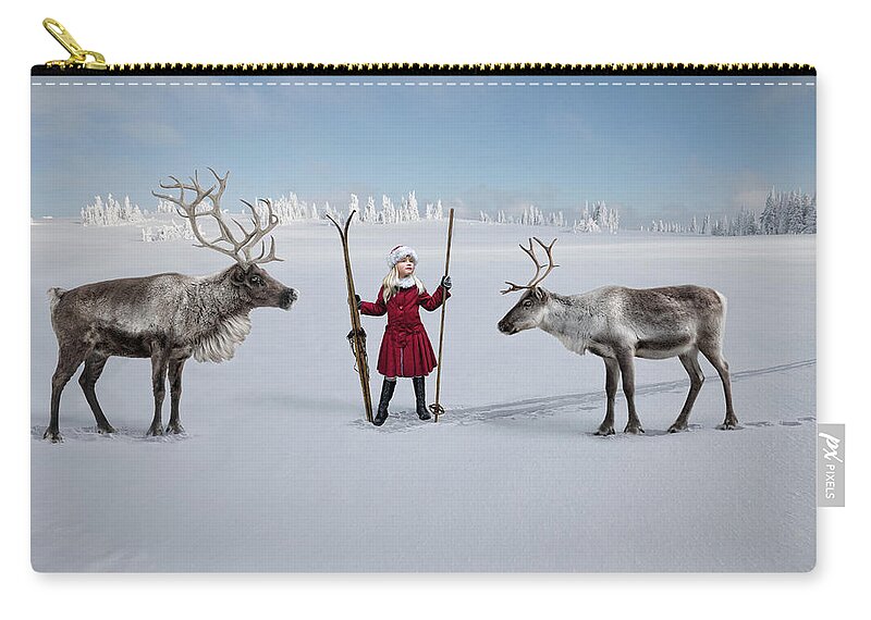 Skiing Zip Pouch featuring the photograph A Girl With Skis And Two Reindeer In by Per Breiehagen