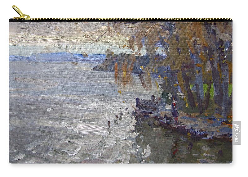  Fall Zip Pouch featuring the painting A Gray Fall Day at Fishermans Park by Ylli Haruni