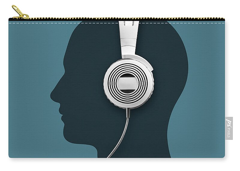 Music Zip Pouch featuring the photograph A Headphone And A Silhouette Head by Jorg Greuel