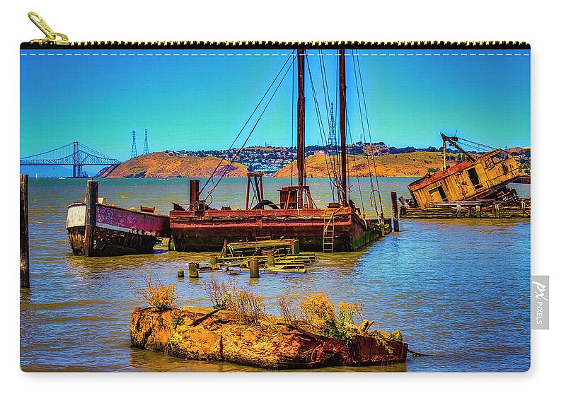 Abandoned Zip Pouch featuring the photograph Abandoned Boats Benicia Bay by Garry Gay