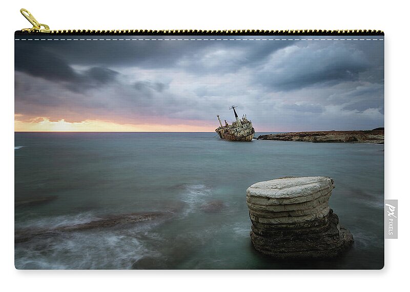 Seascape; Coastline; Sunset; Sundown Carry-all Pouch featuring the photograph Abandoned Ship EDRO III Cyprus by Michalakis Ppalis