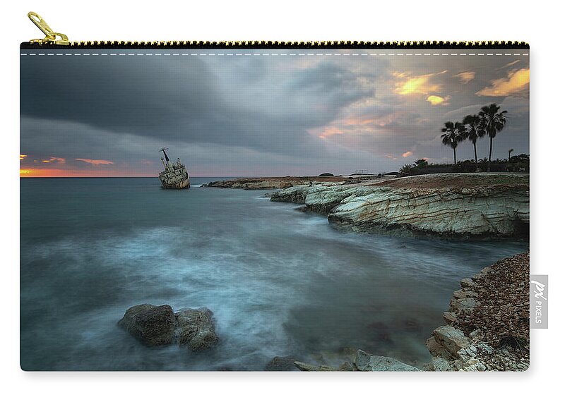 Coastline Zip Pouch featuring the photograph Abandoned ship of EDRO III resting on the coastline of Peyia in by Michalakis Ppalis