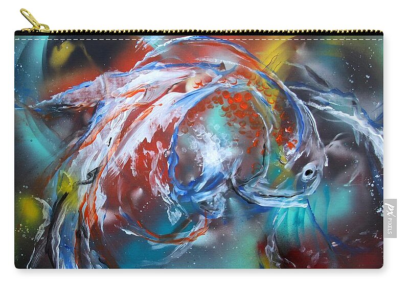 Fish Zip Pouch featuring the painting Abstract White Tri Fantail Goldfish by J Vincent Scarpace
