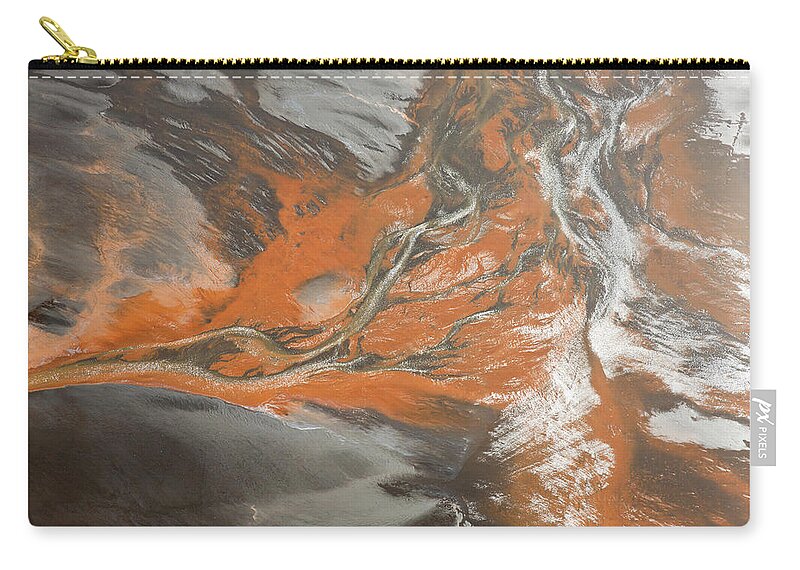 Orange Color Zip Pouch featuring the photograph Aerial Of Polluted River Estuary by Peter Adams