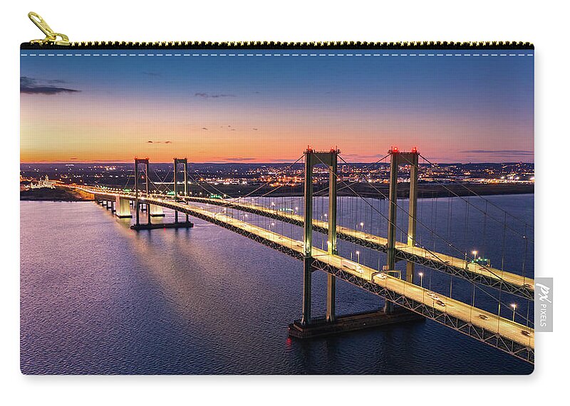 Aerial Zip Pouch featuring the photograph Aerial view of Delaware Memorial Bridge at dusk. by Mihai Andritoiu