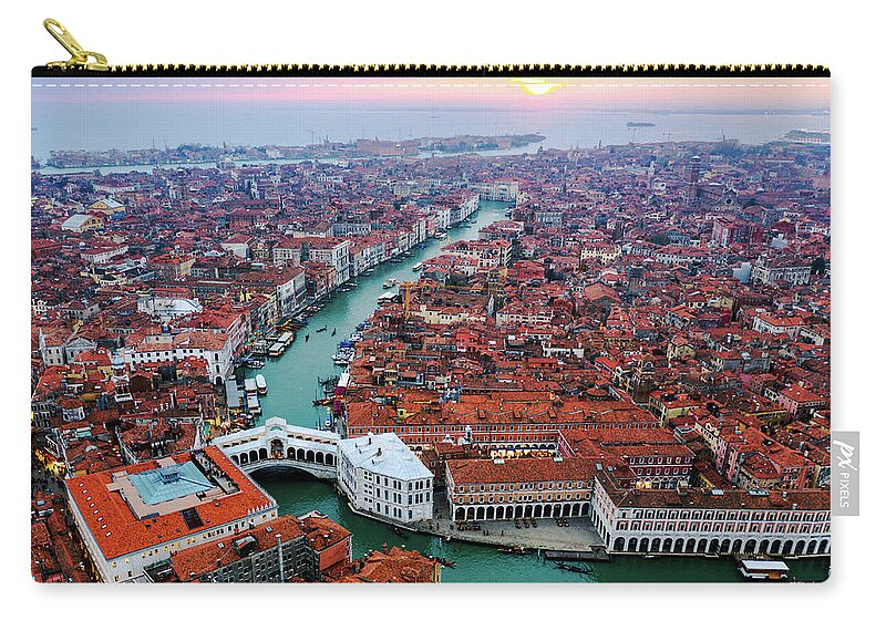 Rialto Zip Pouch featuring the photograph Aerial view of Rialto bridge at sunset, Venice by Matteo Colombo