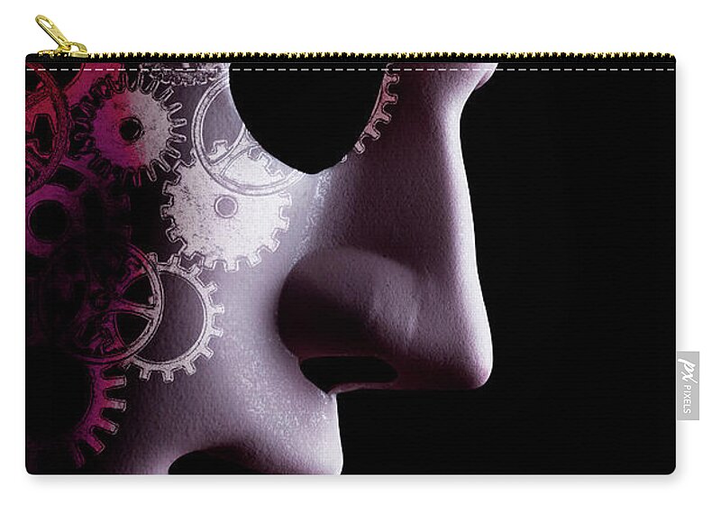 Mask Carry-all Pouch featuring the photograph A.I. robotic face close up with cogs by Simon Bratt