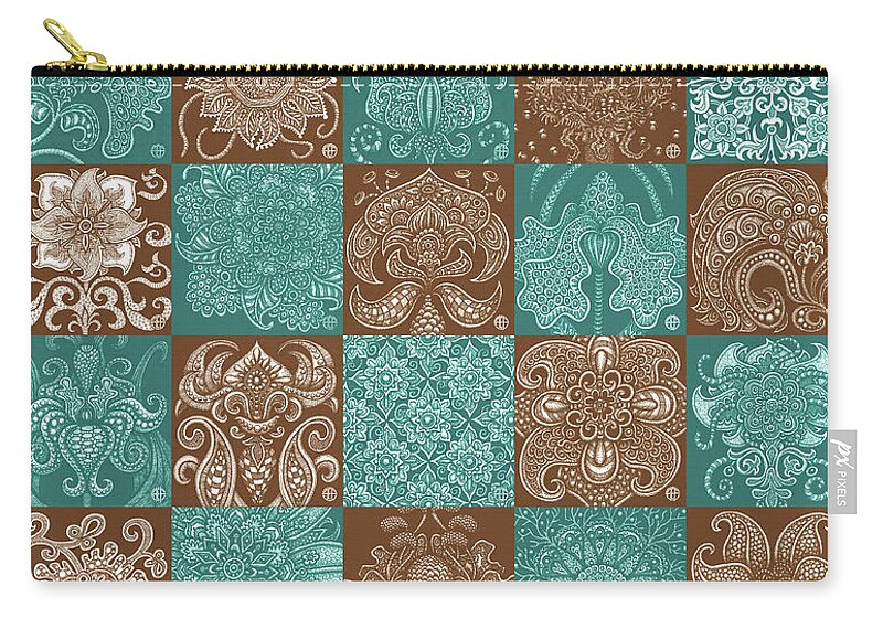 Boho Zip Pouch featuring the drawing Alien Bloom Patchwork Teal and Brown by Amy E Fraser