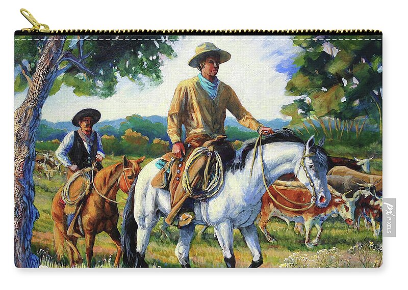Chisholm Trail Zip Pouch featuring the painting Almost to the Red River Station in Montague County by Cynthia Westbrook
