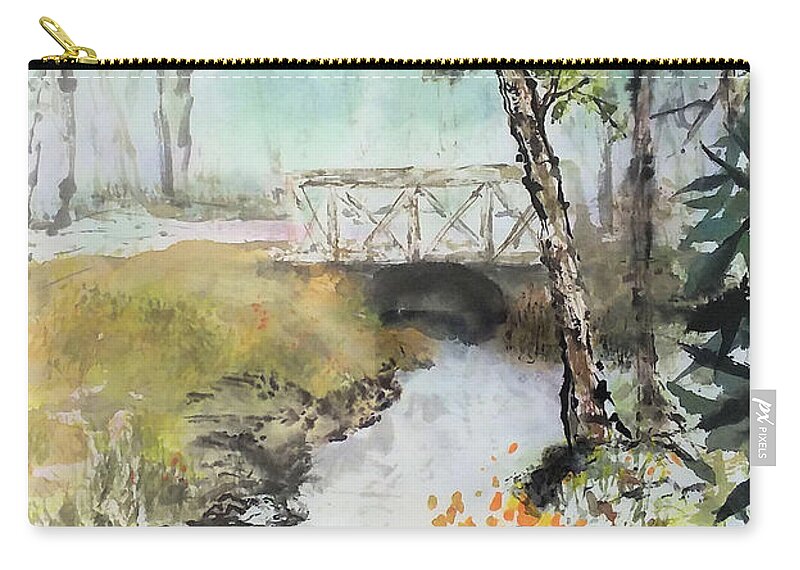 Watercolor Zip Pouch featuring the painting Along the Creek by Laurie Samara-Schlageter
