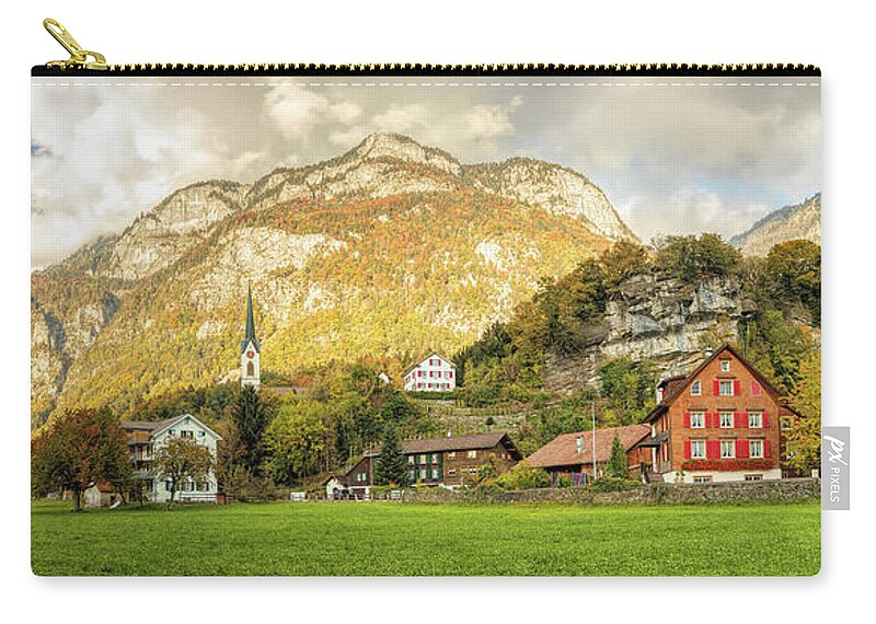 Alpine Zip Pouch featuring the photograph Alpine Mountain Village Panorama by Rick Deacon