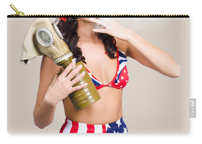 Soldier Zip Pouch featuring the photograph American military pin up girl holding gasmask by Jorgo Photography