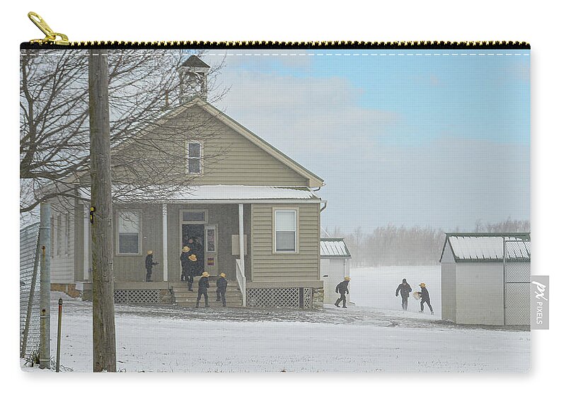 One Room Schoolhouse Zip Pouch featuring the photograph Amish Schoolboys in Snowstorm by Tana Reiff