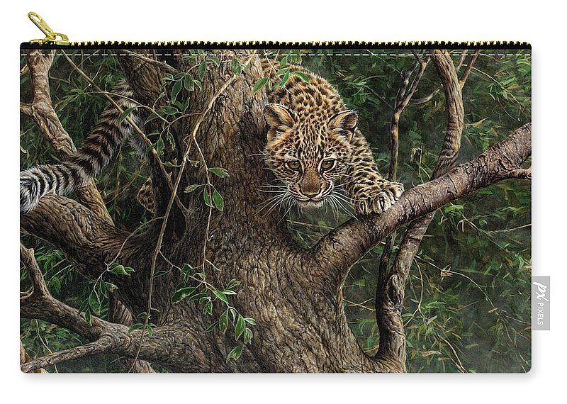 Paintings Zip Pouch featuring the painting Amur Leopard Cub Climbing a Tree by Alan M Hunt
