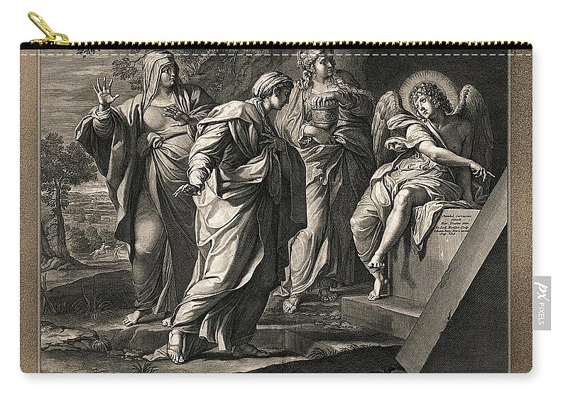Angel Announcing The Resurrection Carry-all Pouch featuring the painting Angel announcing the resurrection of Christ to the three Mary's by Rolando Burbon