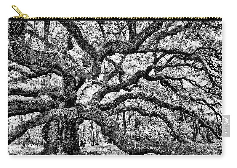 Charleston Zip Pouch featuring the photograph Angel Oak Tree Black - White by Louis Dallara