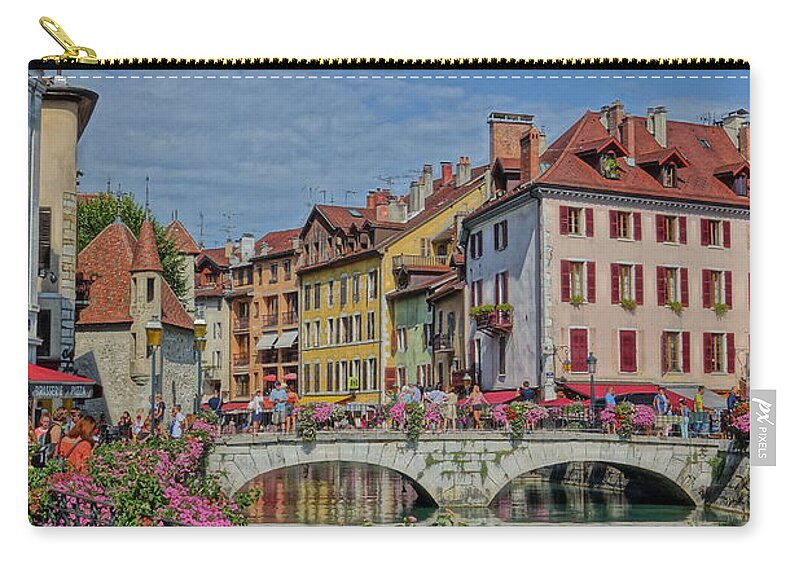 Canal Zip Pouch featuring the photograph Annecy canal and bridge by Patricia Caron