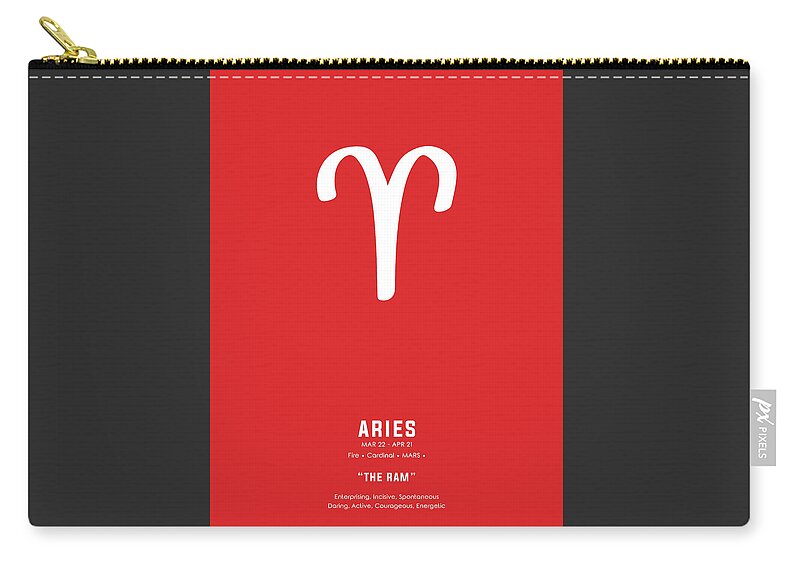 Aries Zip Pouch featuring the mixed media Aries Print - Zodiac Signs Print - Zodiac Posters - Aries Poster - Red and White - Aries Traits by Studio Grafiikka