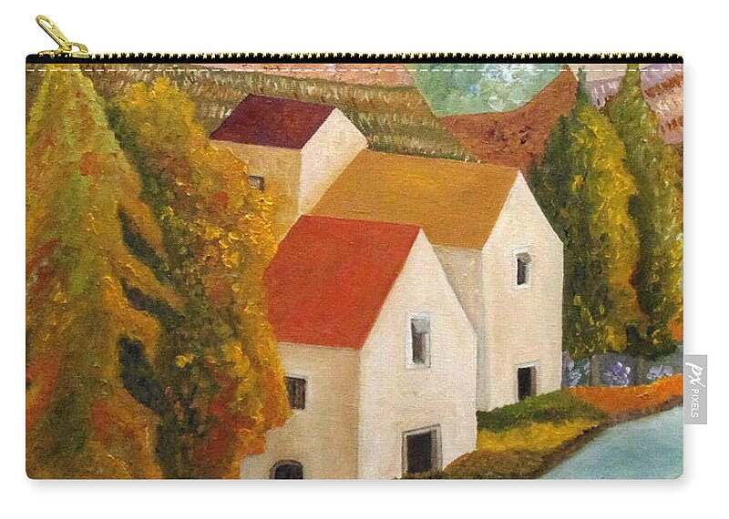 Village Zip Pouch featuring the painting Autumn Flow by Angeles M Pomata