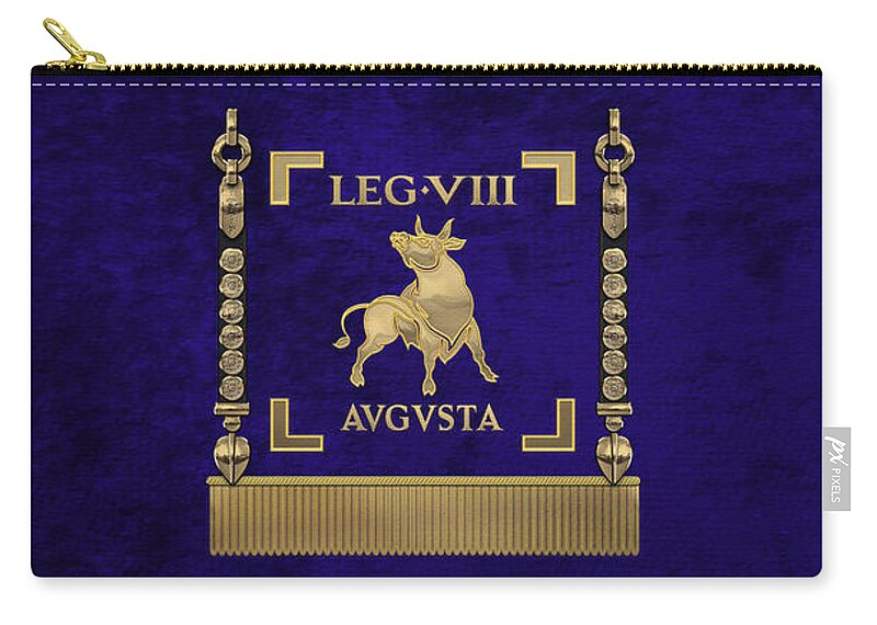 ‘rome’ Collection By Serge Averbukh Zip Pouch featuring the digital art Standard of the Augustus' Eighth Legion - Blue Vexillum of Legio VIII Augusta by Serge Averbukh