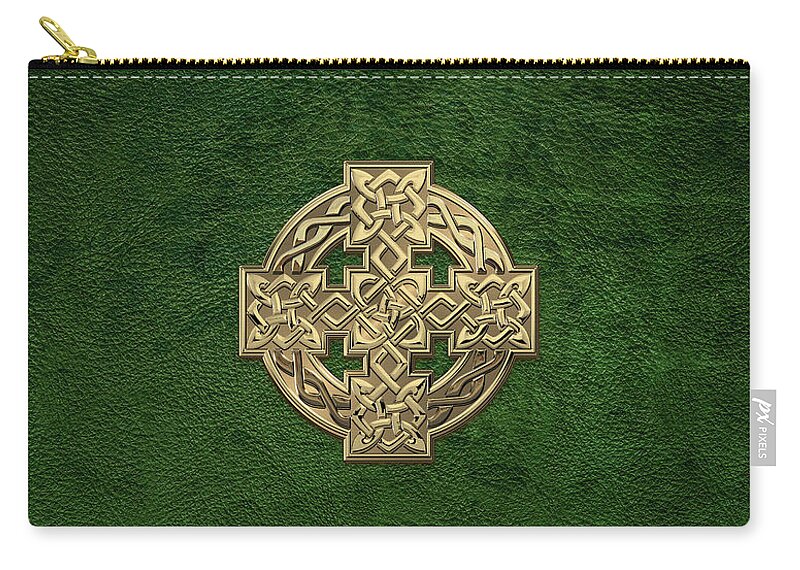 ‘celtic Treasures’ Collection By Serge Averbukh Zip Pouch featuring the digital art Gold Celtic Knot Cross over Green Leather by Serge Averbukh