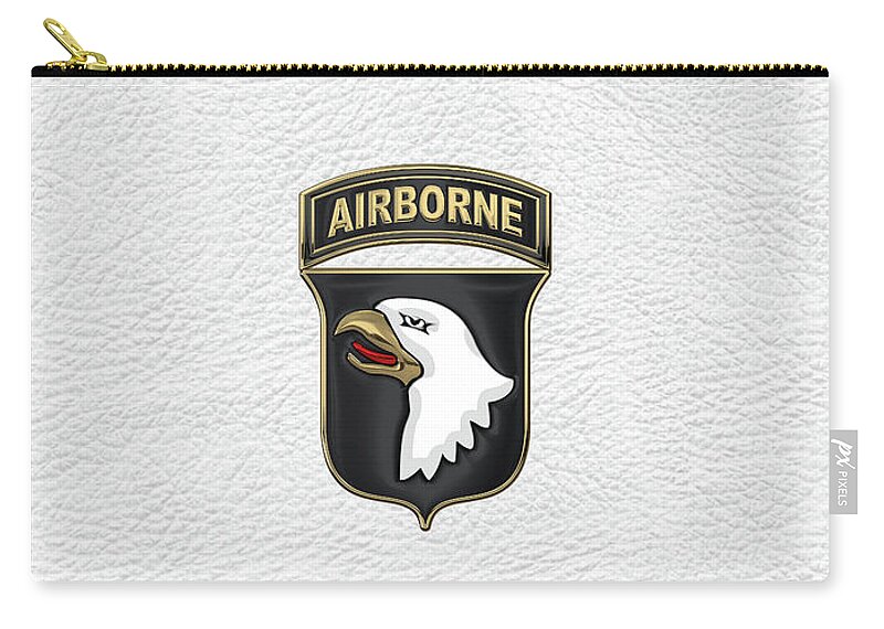 Military Insignia & Heraldry By Serge Averbukh Zip Pouch featuring the digital art 101st Airborne Division - 101st A B N Insignia over White Leather by Serge Averbukh