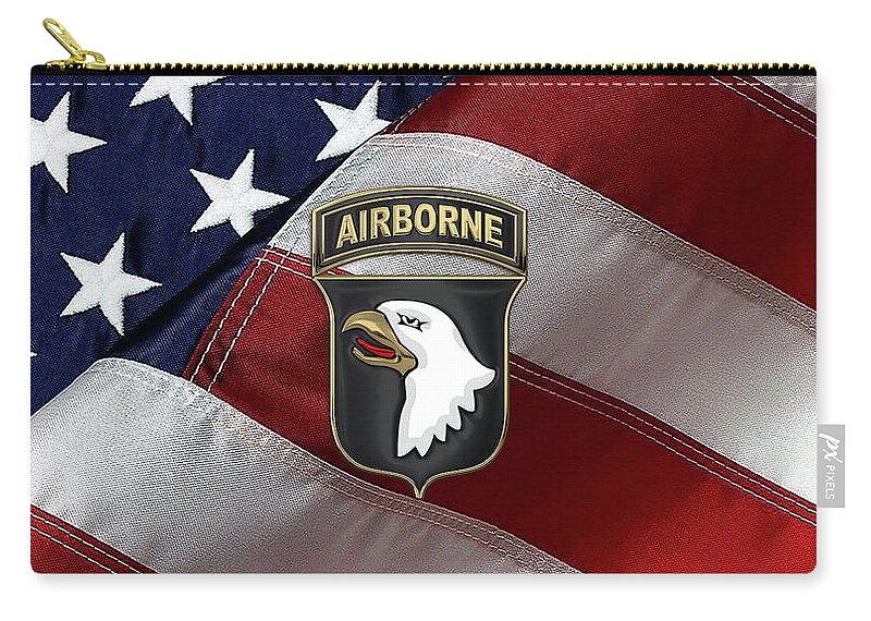 Military Insignia & Heraldry By Serge Averbukh Zip Pouch featuring the digital art 101st Airborne Division - 101st A B N Insignia over American Flag by Serge Averbukh