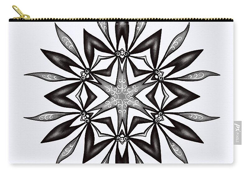 Kaleidoscope Zip Pouch featuring the digital art Kaleidoscopic Flower Art In Black And White by Boriana Giormova