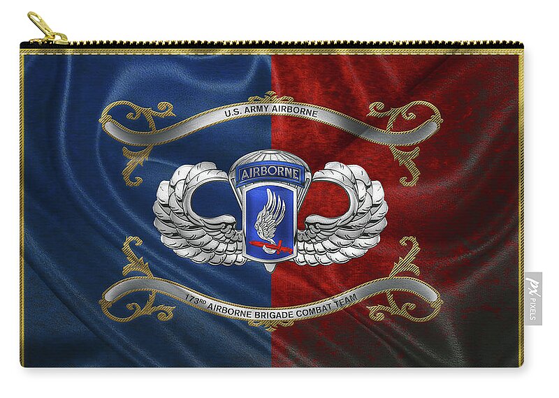 Military Insignia & Heraldry By Serge Averbukh Zip Pouch featuring the digital art 173rd Airborne Brigade Combat Team - 173rd A B C T Insignia with Parachutist Badge over Flag by Serge Averbukh