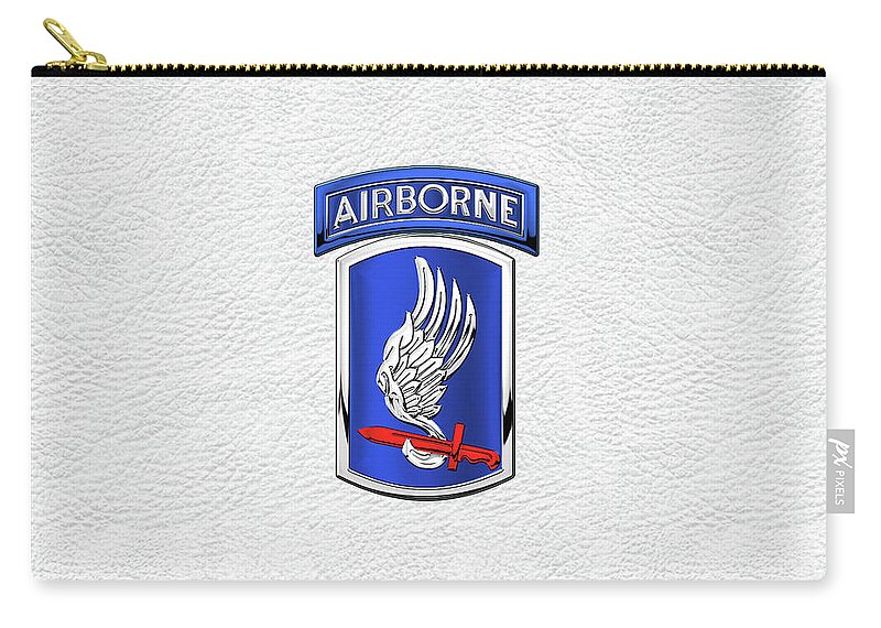 Military Insignia & Heraldry By Serge Averbukh Carry-all Pouch featuring the digital art 173rd Airborne Brigade Combat Team - 173rd A B C T Insignia over White Leather by Serge Averbukh