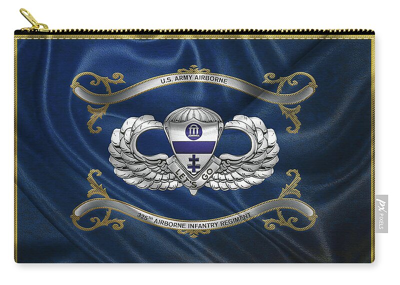 Military Insignia & Heraldry By Serge Averbukh Zip Pouch featuring the digital art 325th Airborne Infantry Regiment - 325th A I R Insignia with Parachutist Badge over Flag by Serge Averbukh