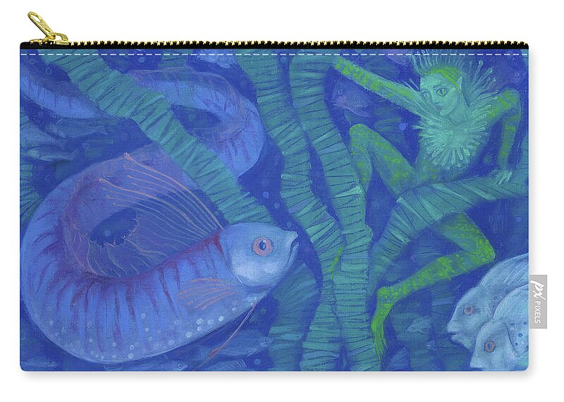 Underwater Fairytale Illustration Zip Pouch featuring the painting Amphibian and the Fish King, fantasy art, Underwater by Julia Khoroshikh
