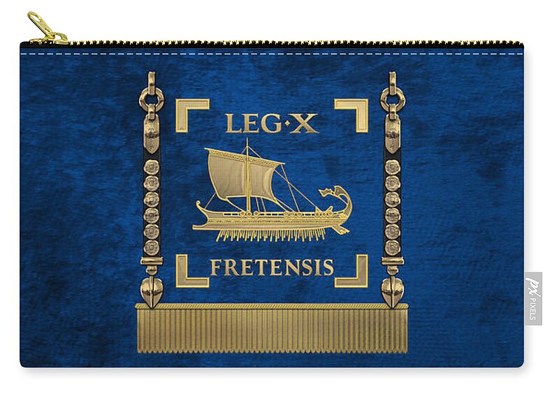 ‘rome’ Collection By Serge Averbukh Zip Pouch featuring the digital art Trireme Standard of the 10th Legion of the Strait - Blue Vexilloid of Legio X Fretensis by Serge Averbukh