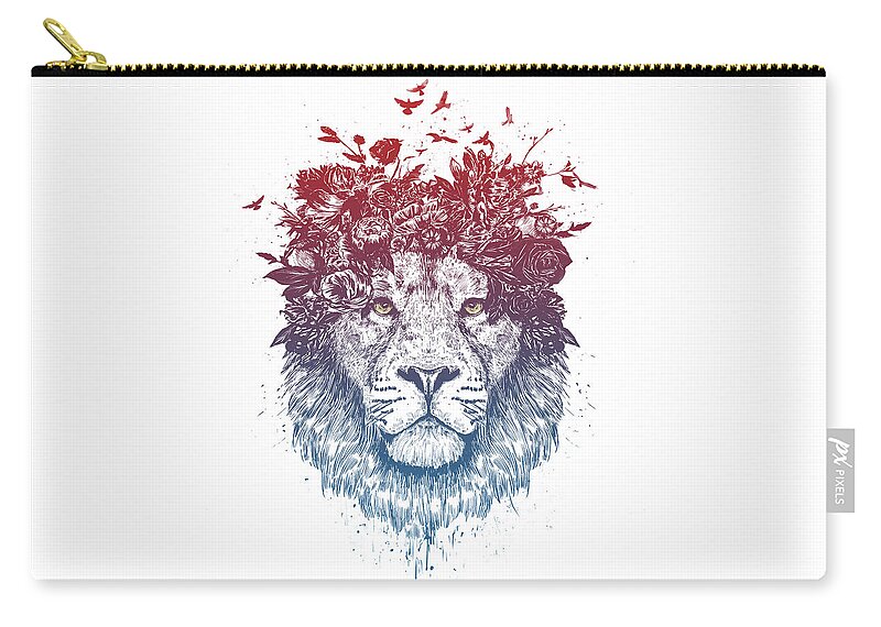 Lion Zip Pouch featuring the drawing Floral lion III by Balazs Solti