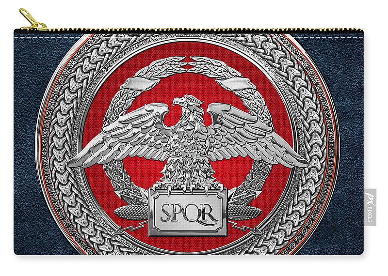 ‘treasures Of Rome’ Collection By Serge Averbukh Zip Pouch featuring the digital art Silver Roman Imperial Eagle over Red and Silver Medallion on Blue Leather by Serge Averbukh