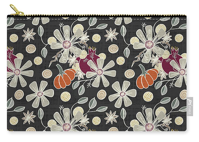 Simple Zip Pouch featuring the painting Fall Pumpkin Botanical Pattern Black Background by Jen Montgomery