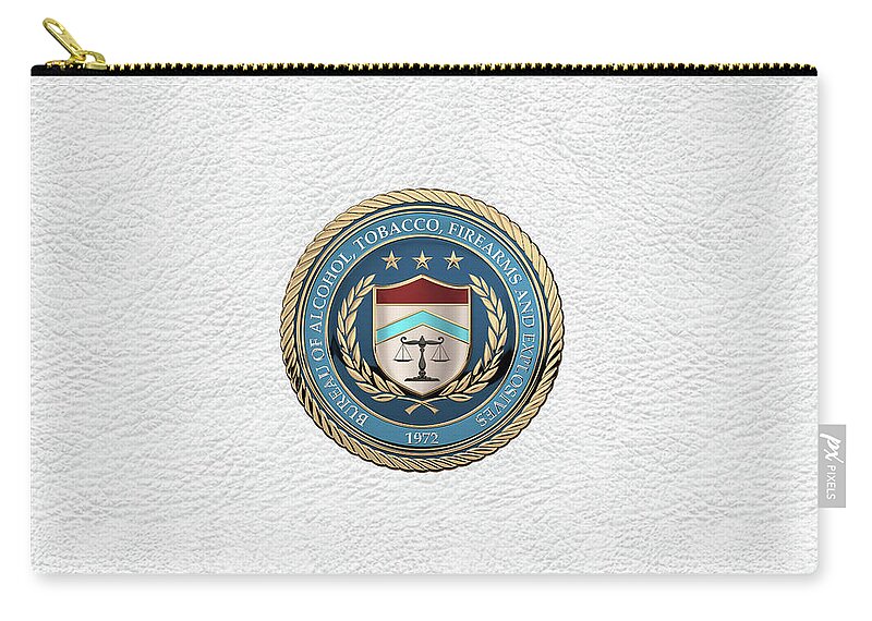  ‘law Enforcement Insignia & Heraldry’ Collection By Serge Averbukh Zip Pouch featuring the digital art The Bureau of Alcohol, Tobacco, Firearms and Explosives - A T F Seal over White Leather by Serge Averbukh